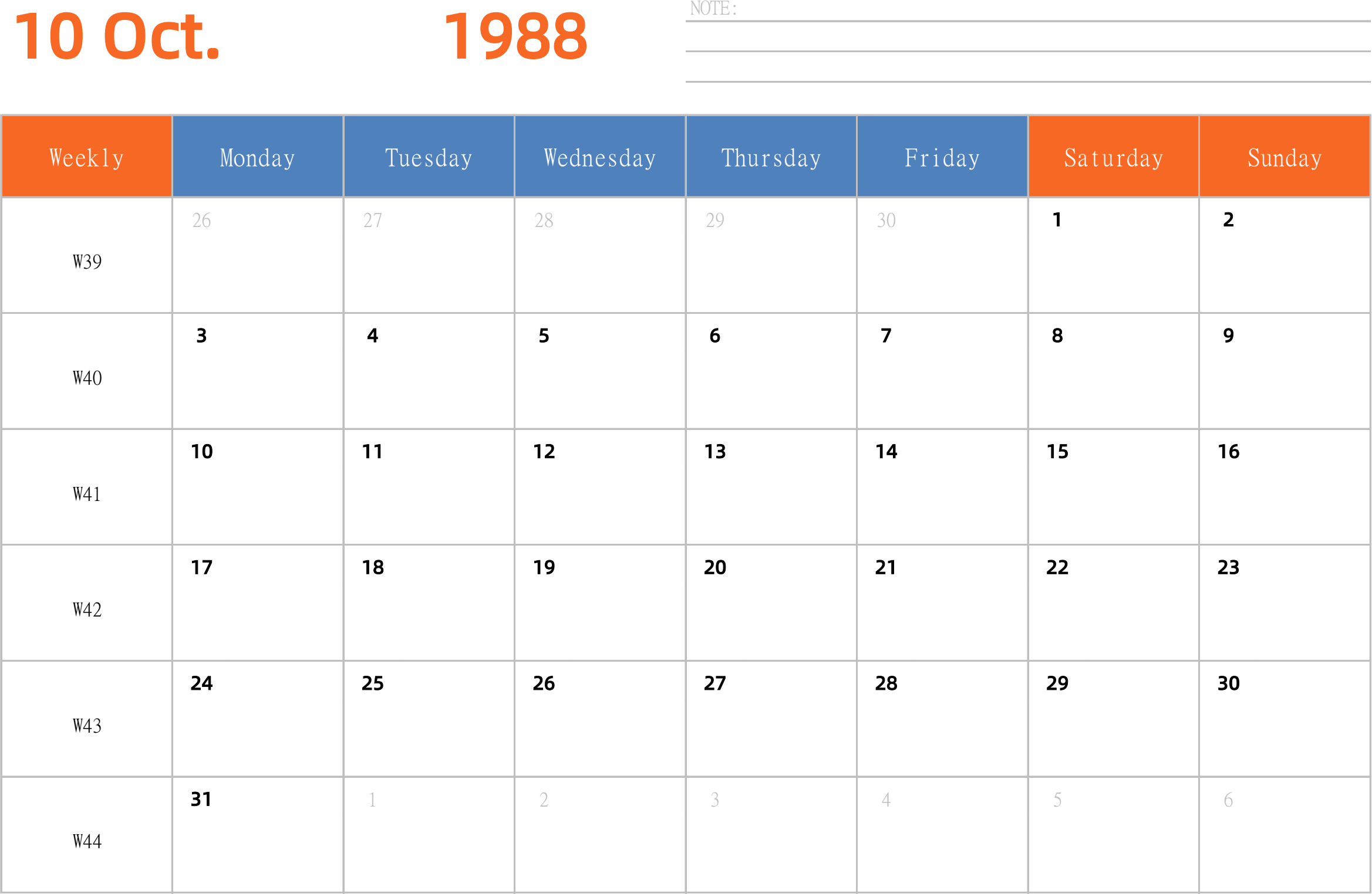 日历表1988年日历 英文版 横向排版 周一开始 带周数